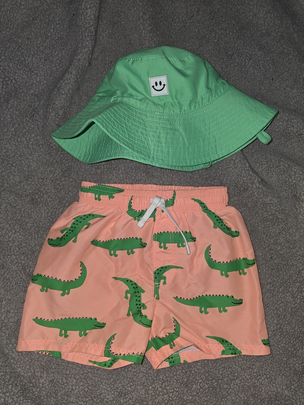 H&M Orange Swim Shorts With Green Alligator Print And Green Sun Hat